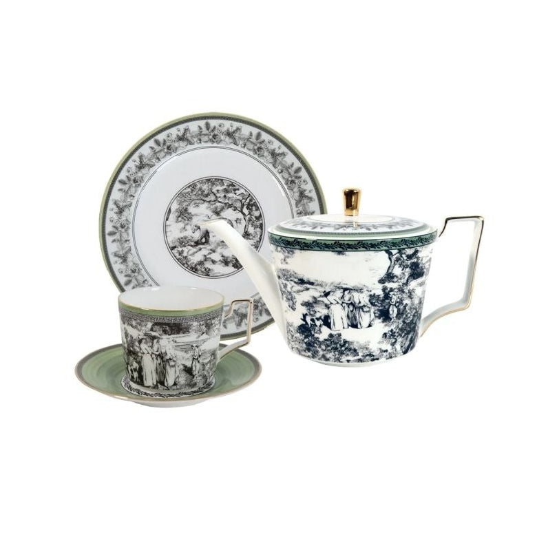 Woodland Toile SBone China Tea Set for One – Teapot & Cup Set Set (1 Cup & Saucer + 1 Teapot + 1 Plate (6 inch)