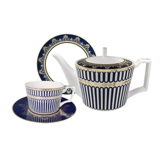 Regency Stripe Bone China Tea Set for One – Teapot & Cup Set Set (1 Cup & Saucer + 1 Teapot + 1 Plate (6 inch)