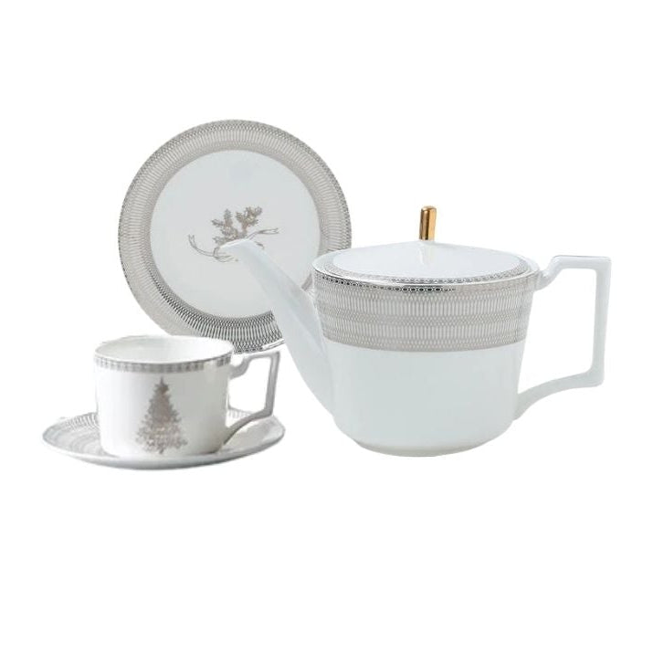 Winter Lodge Bone China Tea Set for One – Teapot & Cup Set Full Set (1 Cup & Saucer + 1 Teapot + 1 Plate (6 inch)