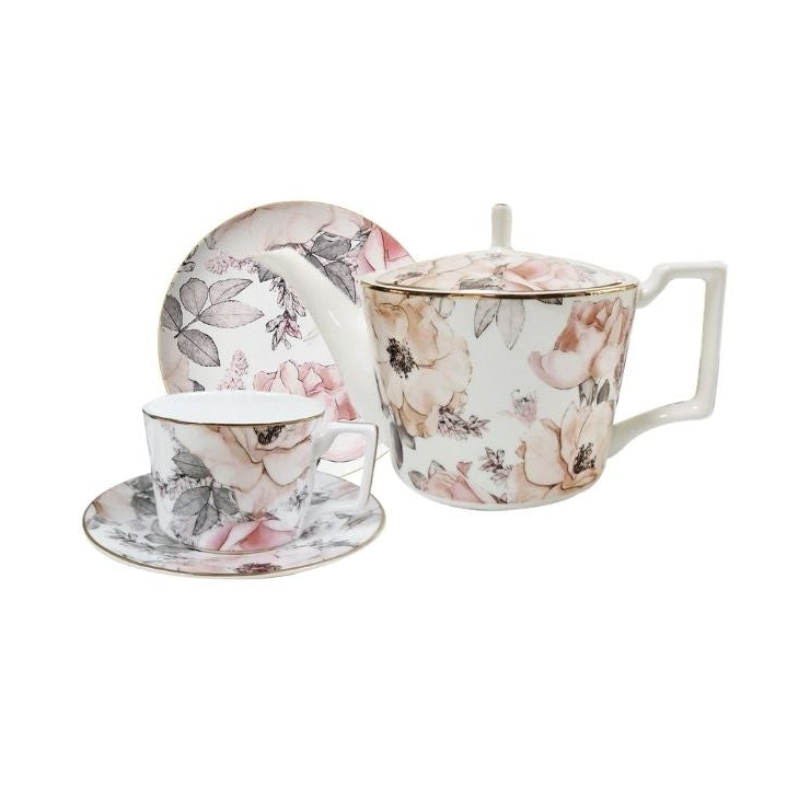 Blush Reverie Bone China Floral Tea Set for One – Teapot & Cup Set Set (1 Cup & Saucer + 1 Teapot + 1 Plate (6 inch)