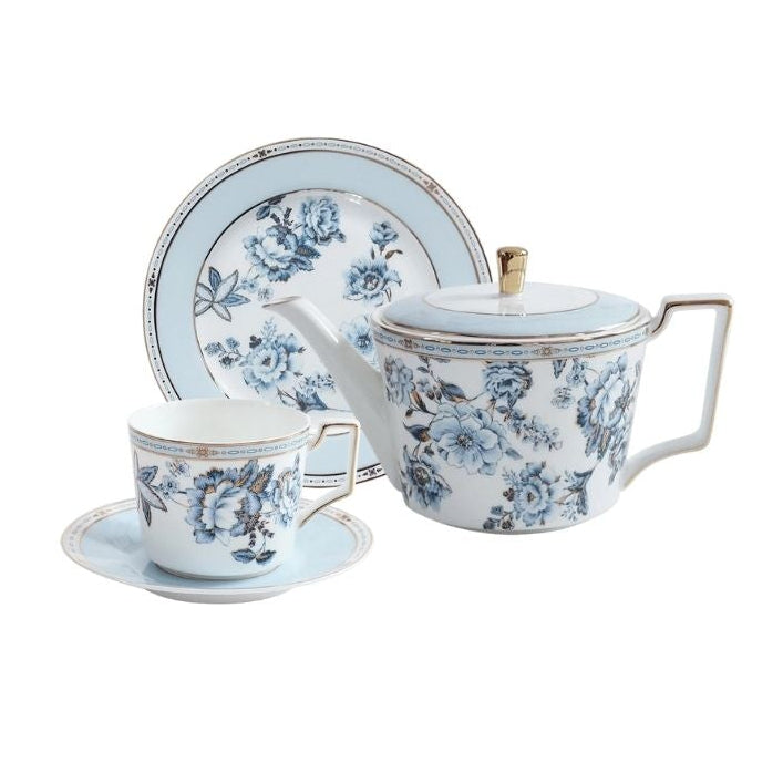 Moonlit Florals Bone China Tea Set for One – Teapot & Cup Set Set (1 Cup & Saucer + 1 Teapot + 1 Plate (6 inch)