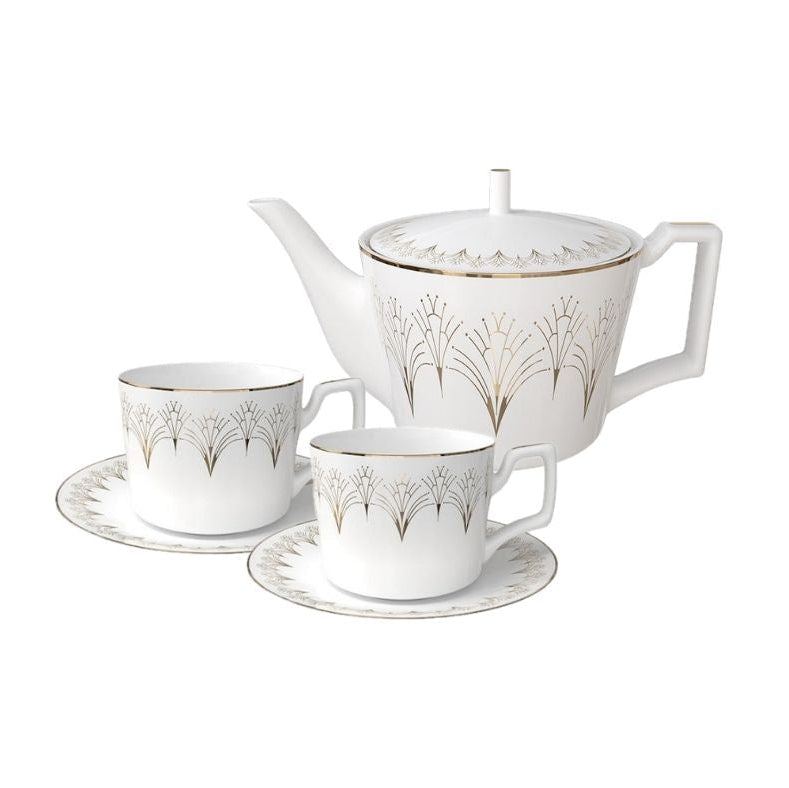 Lumière Arc Bone China Gold Art Deco 5‑Piece Tea Set for Two – Essential Teapot & Cup Set Set (2 Cups & Saucers + 1 Teapot)