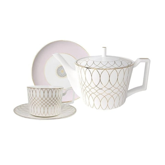 Luxe Ivory Lattice Bone China Geometric Tea Set for One – Teapot & Cup Set Full Set (1 Cup & Saucer + 1 Teapot + 1 Plate (6 inch)