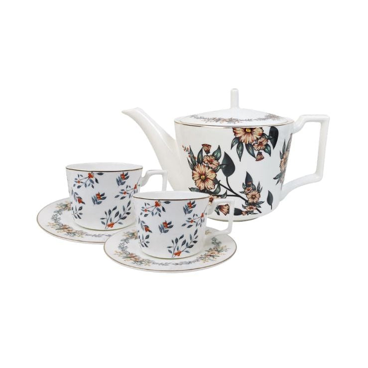Verdant Garden Bone China 5‑Piece Tea Set for Two – Essential Teapot & Cup Set Set (2 Cups & Saucers + 1 Teapot)