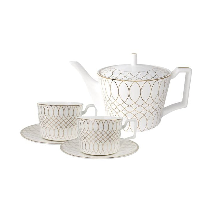 Luxe Ivory Lattice Bone China Geometric 5‑Piece Tea Set for Two – Essential Teapot & Cup Set Full Set (2 Cups & Saucers + 1 Teapot)