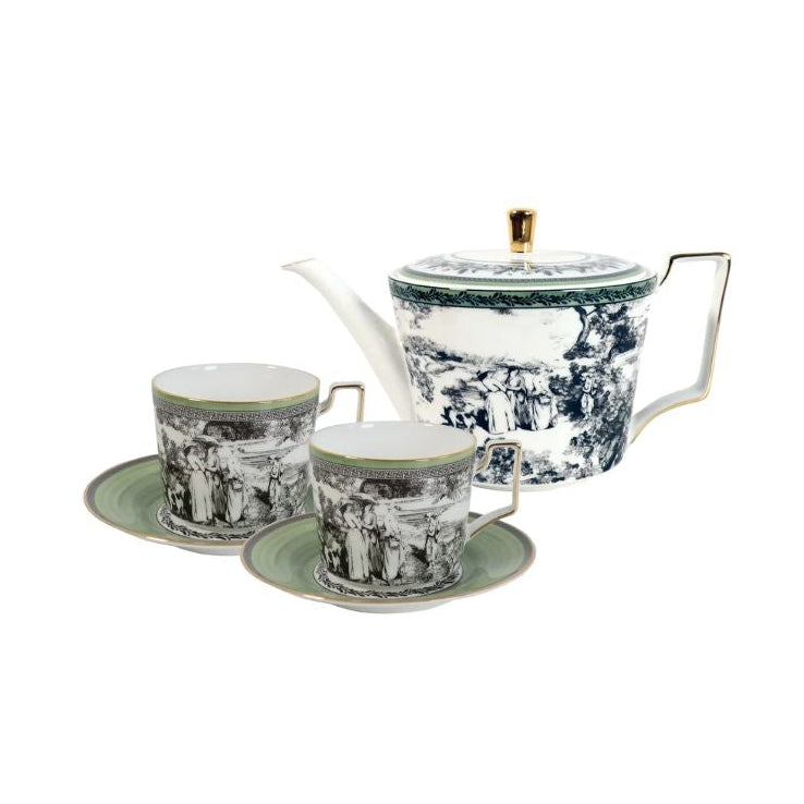 Woodland Toile Bone China 5‑Piece Tea Set for Two – Essential Teapot & Cup Set Set (2 Cups & Saucers + 1 Teapot)