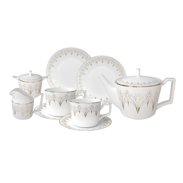 Lumière Arc Bone China Gold Art Deco 9‑Piece Tea Set for Two – Table Set | Teapot & Cup Set, Milk Jug & Sugar Bowl Set (2 Cups & Saucers + 1 Teapot + 1 Milk Jar + 1 Sugar Bowl + 2 Plates (6.5 inch))