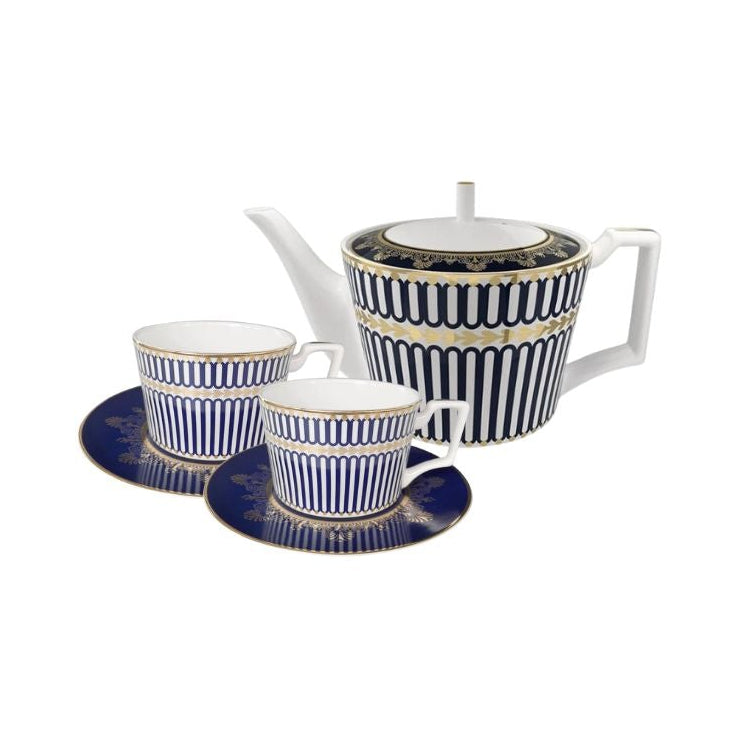 Regency Stripe Bone China 5‑Piece Tea Set for Two – Essential Teapot & Cup Set Set (2 Cups & Saucers + 1 Teapot)