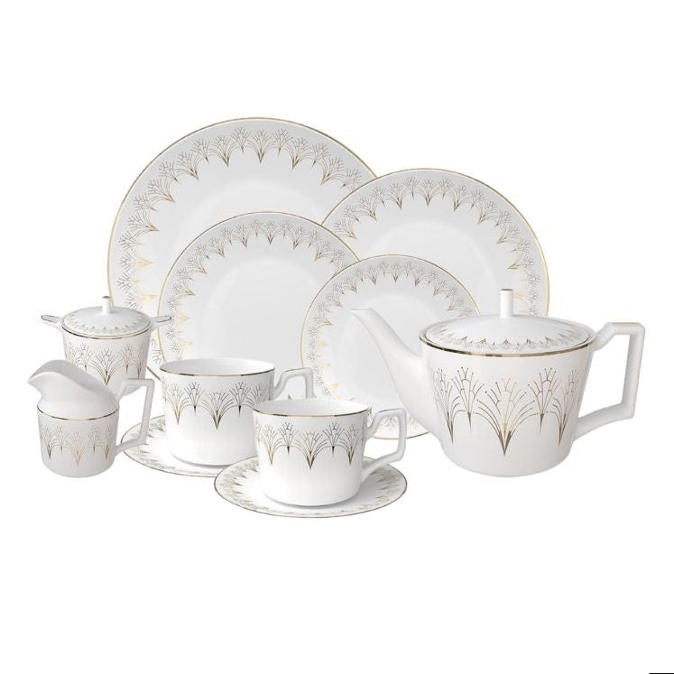 Lumière Arc Bone China Gold Art Deco 15‑Piece Tea Set for Two – Hosting Set Set (2 Cups & Saucers + 1 Teapot + 1 Milk Jar + 1 Sugar Bowl + 8 Plates (6 + 8 + 10.5 + 12 inch)