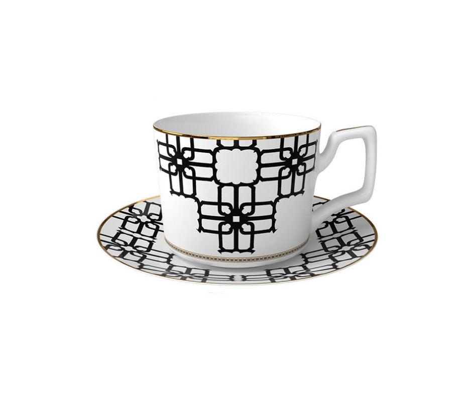 Noir Lattice Bone China 15‑Piece Geometric Black Tea Set for Two – Hosting Set