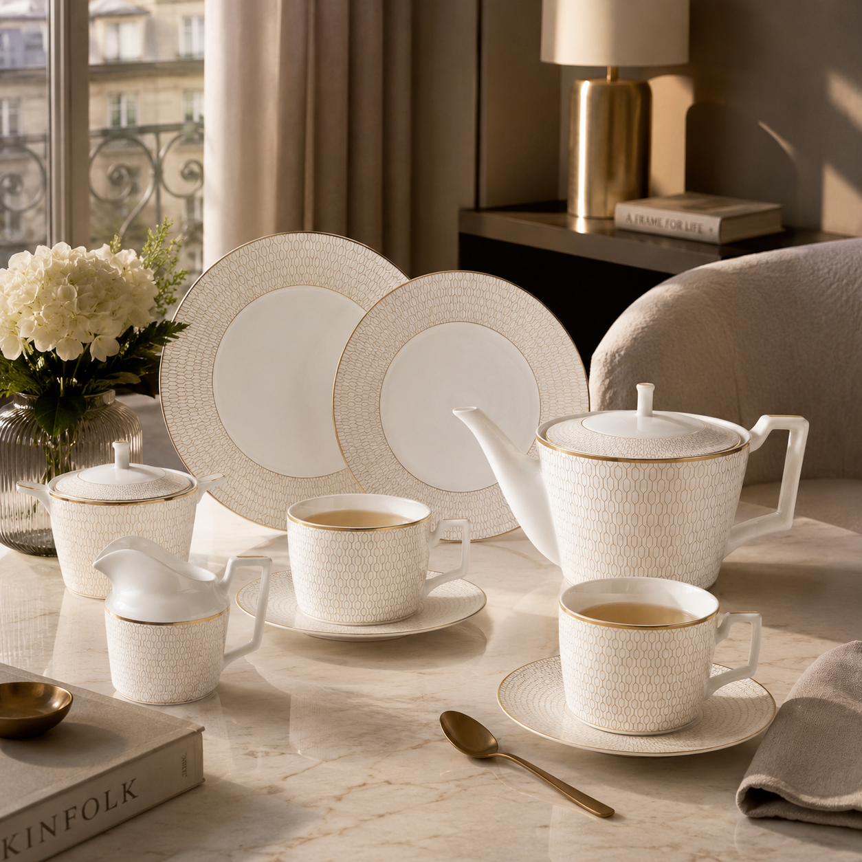 Fine Bone China Tea Set for One - Nouvelle Or Lys Teapot and Cup Set