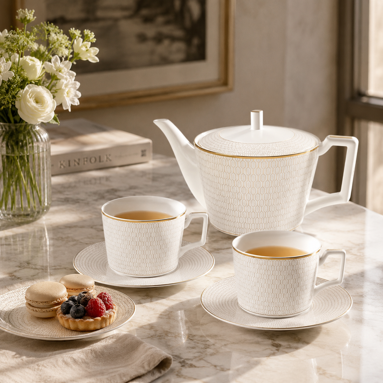 Fine Bone China Tea Set for One - Nouvelle Or Lys Teapot and Cup Set
