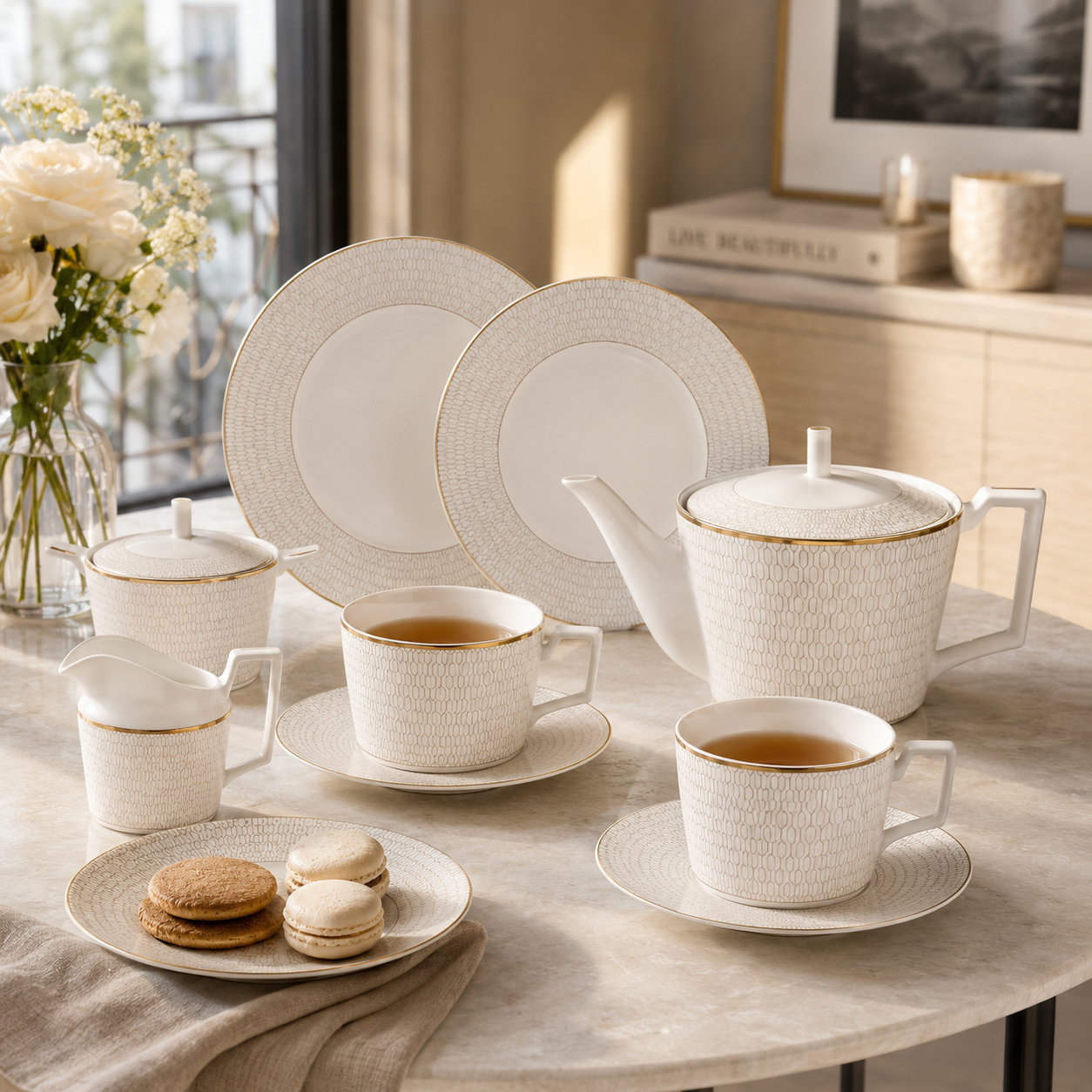 Fine Bone China Tea Set for One - Nouvelle Or Lys Teapot and Cup Set