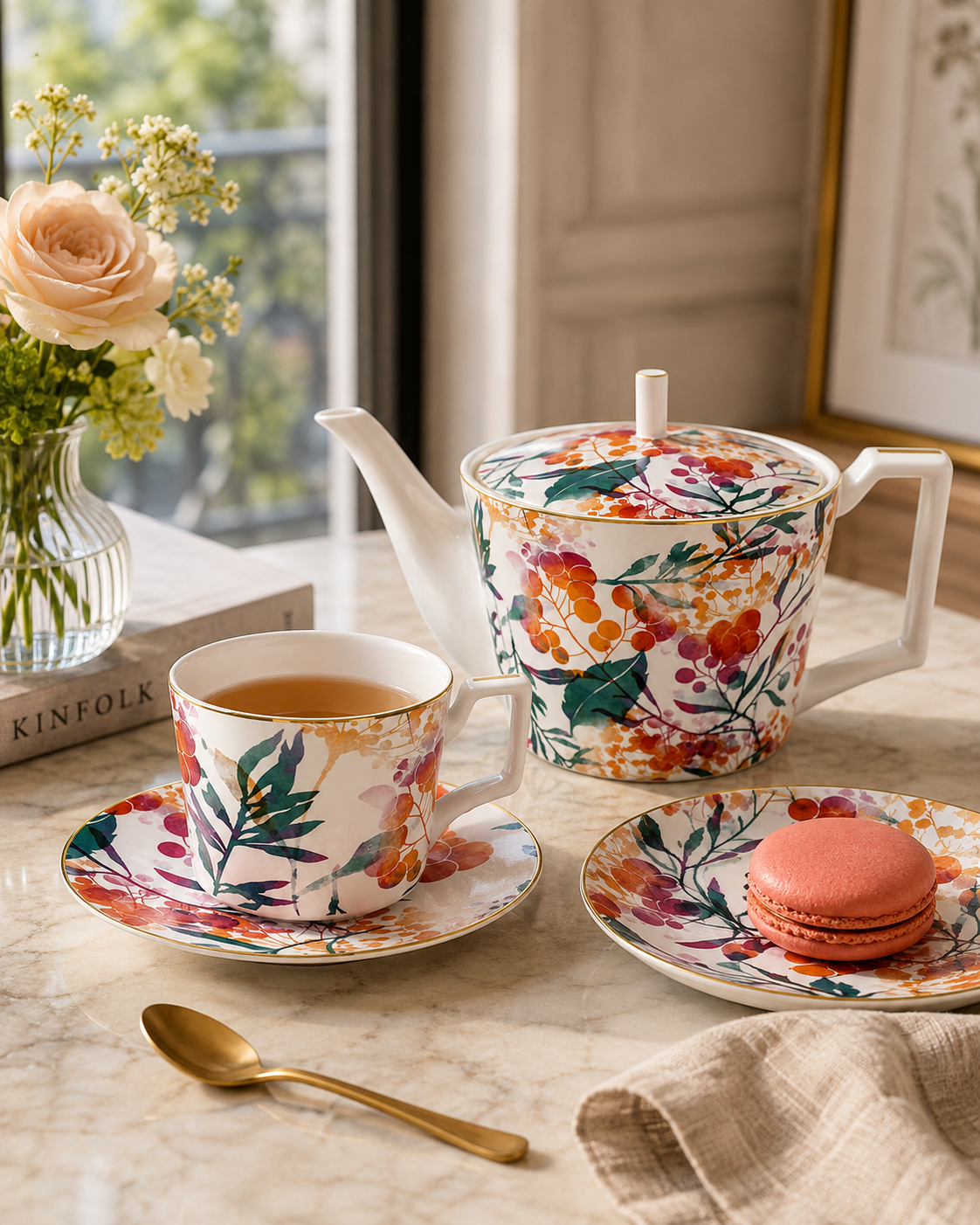 Fine Bone China Tea Set for One - Sienna Botanicals Teapot and Cup Set