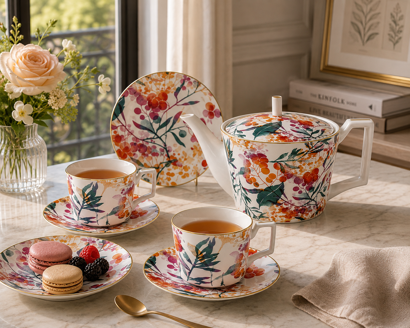 Fine Bone China Tea Set for One - Sienna Botanicals Teapot and Cup Set