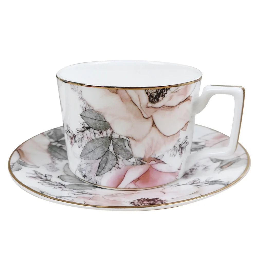 Blush Reverie Bone China Floral 5‑Piece Tea Set for Two – Essential Teapot & Cup Set