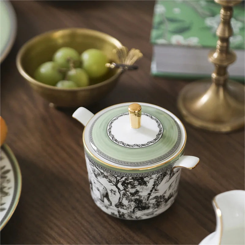 Woodland Toile Bone China 5‑Piece Tea Set for Two – Essential Teapot & Cup Set