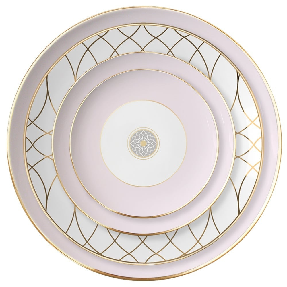 Luxe Ivory Lattice Fine Bone China Geometric Pink Dinner Plate Set 4 Plates Set (6 + 8 + 10.5 + 12 inch)